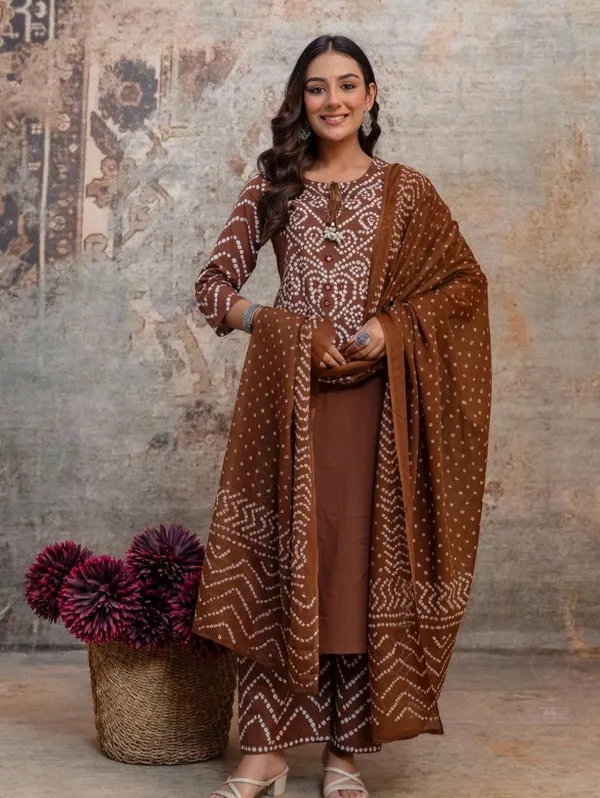 Women's_Brown_Bandhani_printed_kurta_set