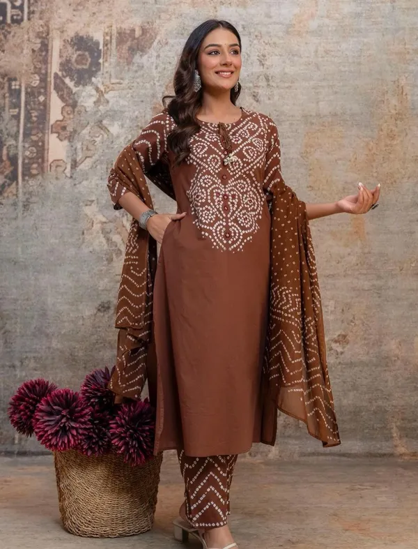 Women's_Brown_Bandhani_printed_kurta_set