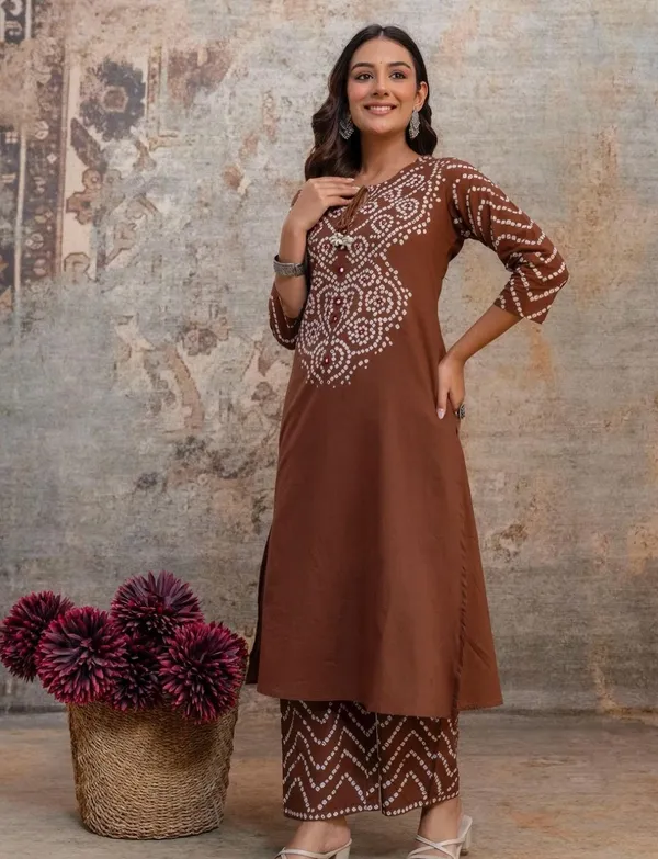 Women's_Brown_Bandhani_printed_kurta_set