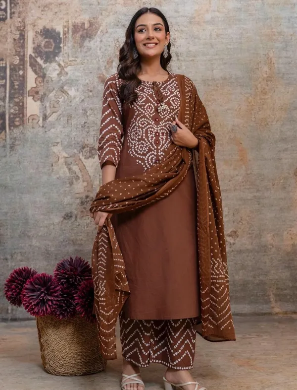 Brown_Cotton_Premium_Kurta_Pant_Set_With_Dupatta_For_Women