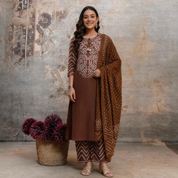 Brown_Cotton_Premium_Kurta_Pant_Set_With_Dupatta_For_Women