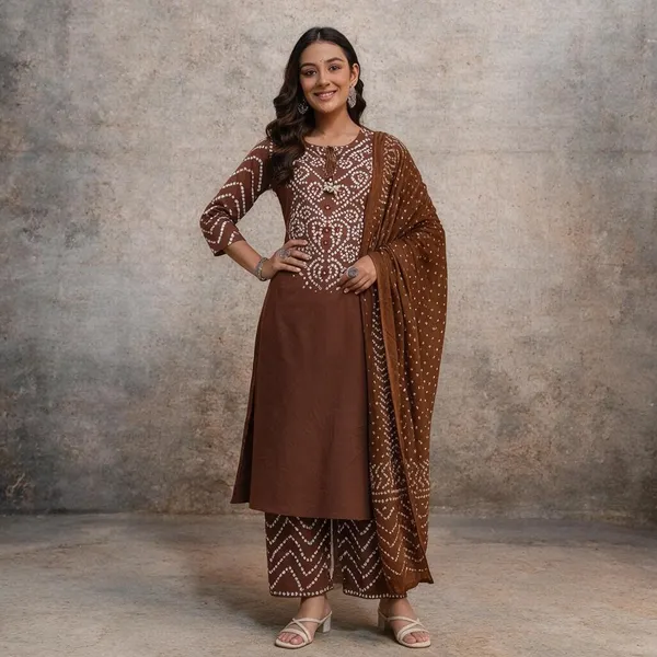 Brown_Cotton_Premium_Kurta_Pant_Set_With_Dupatta_For_Women