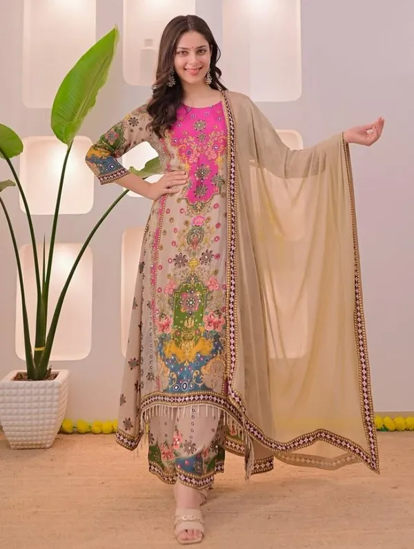 Beige_And_Pink_Cotton_Premium_Kurta_Pant_Set_With_Dupatta_For_Women