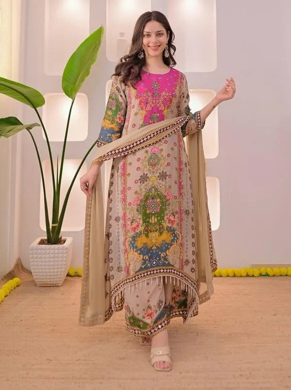 Beige_And_Pink_Cotton_Premium_Kurta_Pant_Set_With_Dupatta_For_Women