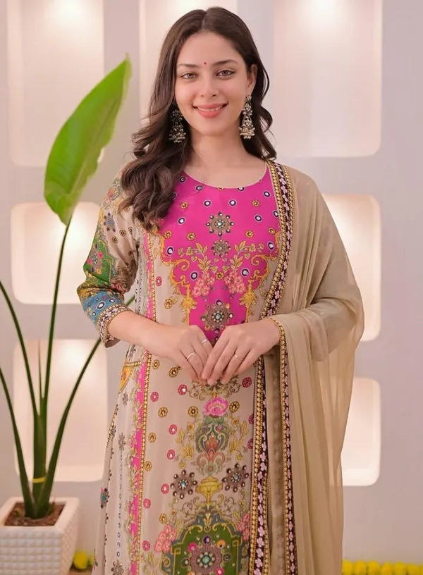 Beige_And_Pink_Cotton_Premium_Kurta_Pant_Set_With_Dupatta_For_Women