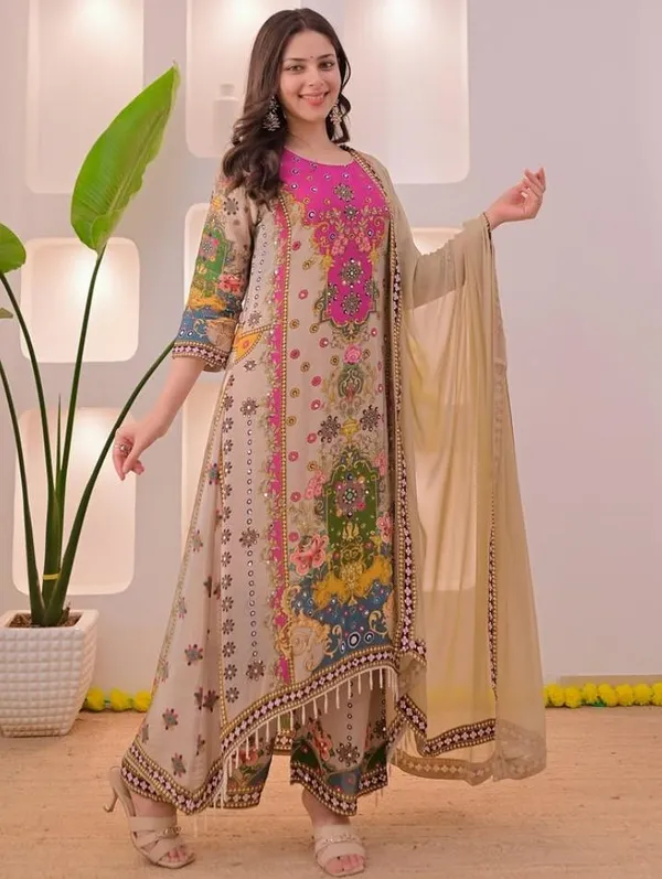 Beige_And_Pink_Cotton_Premium_Kurta_Pant_Set_With_Dupatta_For_Women