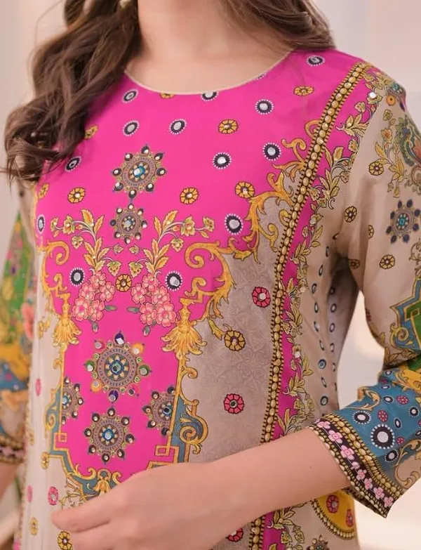 Beige_And_Pink_Cotton_Premium_Kurta_Pant_Set_With_Dupatta_For_Women