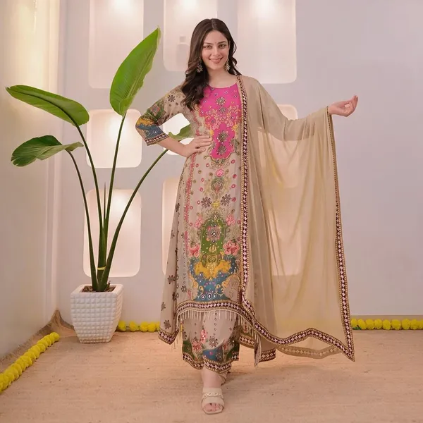 Beige_And_Pink_Cotton_Premium_Kurta_Pant_Set_With_Dupatta_For_Women