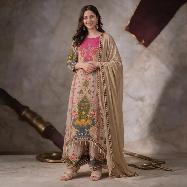 Beige_And_Pink_Cotton_Premium_Kurta_Pant_Set_With_Dupatta_For_Women