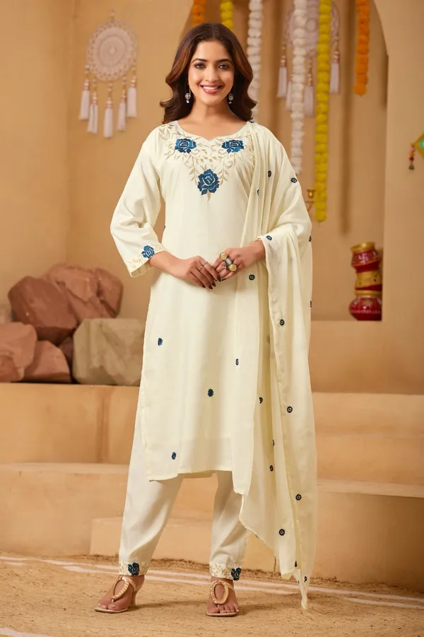 Cream_Cotton/Rayon_Blend-50%_Cotton_And_50%_Rayon_Premium_Cotton_Kurta_Set_For_Women
