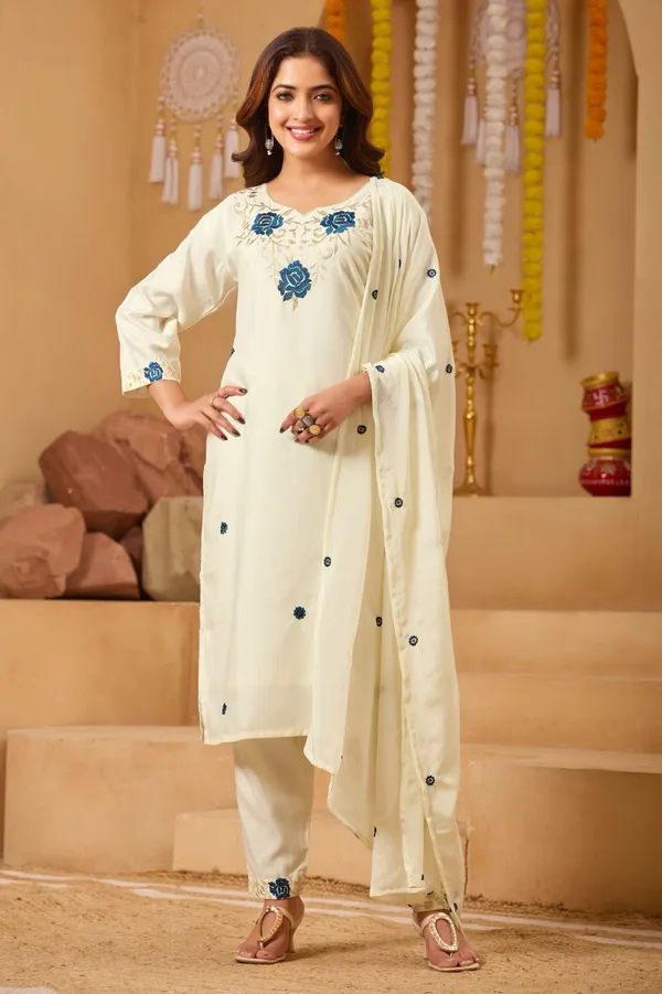 Cream_Cotton/Rayon_Blend-50%_Cotton_And_50%_Rayon_Premium_Cotton_Kurta_Set_For_Women