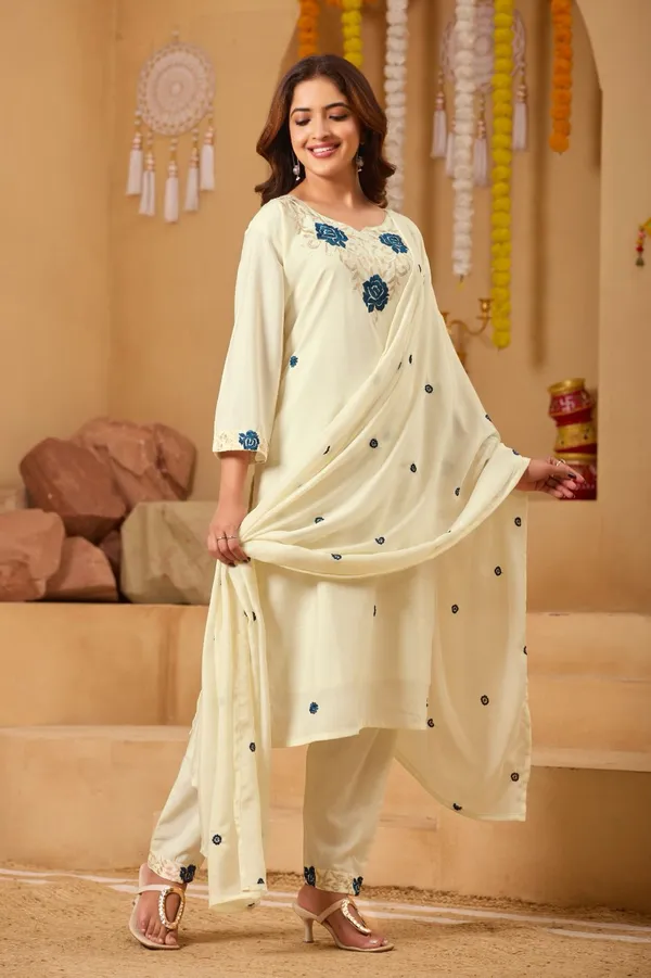 Cream_Cotton/Rayon_Blend-50%_Cotton_And_50%_Rayon_Premium_Cotton_Kurta_Set_For_Women