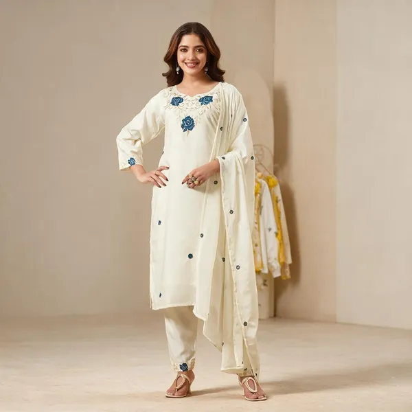 Cream_Cotton/Rayon_Blend-50%_Cotton_And_50%_Rayon_Premium_Cotton_Kurta_Set_For_Women