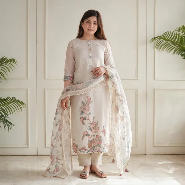 Off_White_Cotton_(Kurti),_Chanderi_(Pants),_Organza_(Dupatta)_Premium_Kurta_Pant_Set_With_Dupatta_For_Women