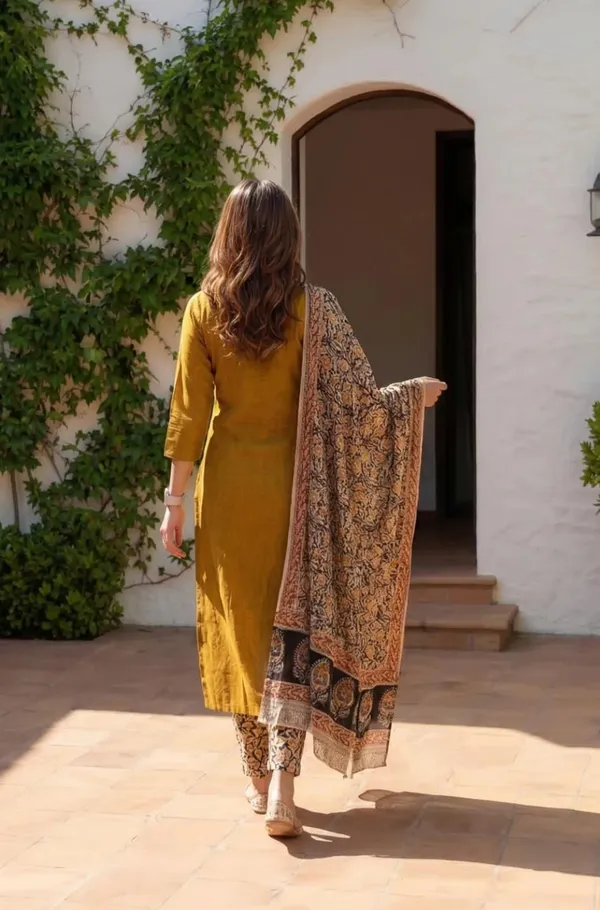Mustard_Cotton_Premium_Kurta_Pant_Set_With_Dupatta_For_Women