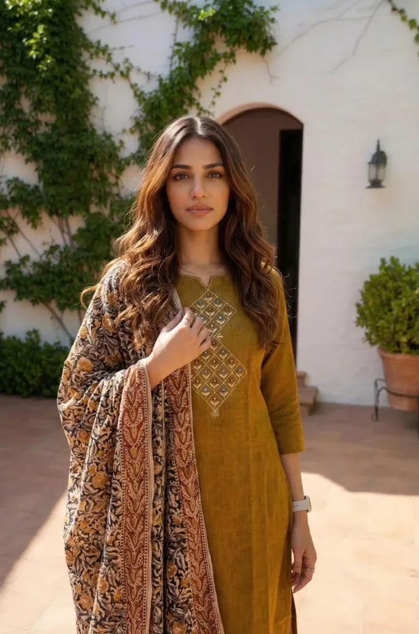 Mustard_Cotton_Premium_Kurta_Pant_Set_With_Dupatta_For_Women