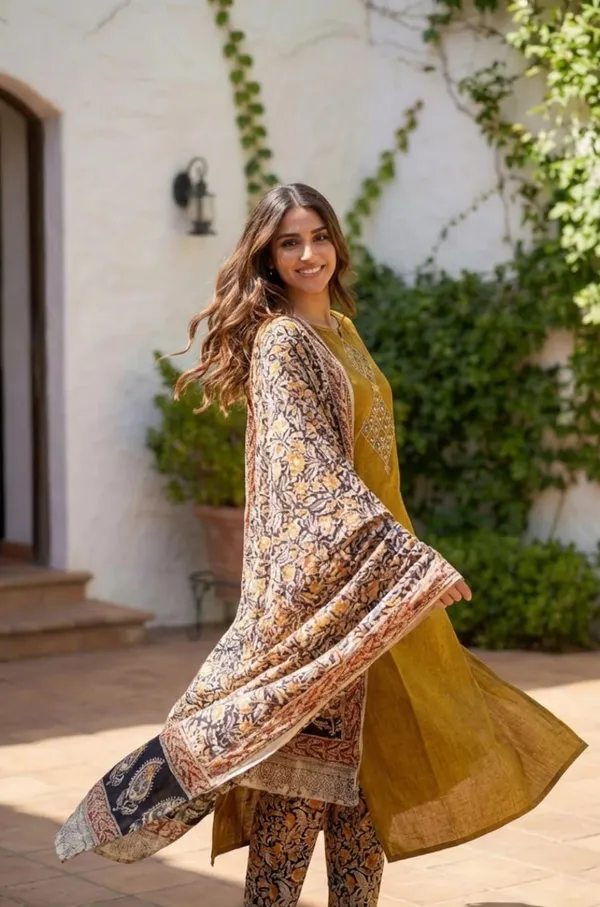 Mustard_Cotton_Premium_Kurta_Pant_Set_With_Dupatta_For_Women