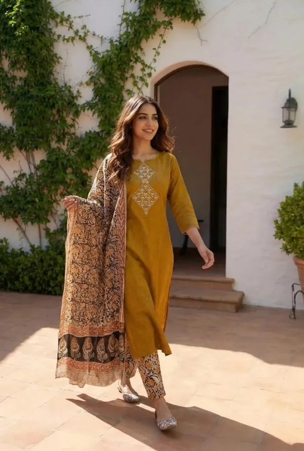 Mustard_Cotton_Premium_Kurta_Pant_Set_With_Dupatta_For_Women