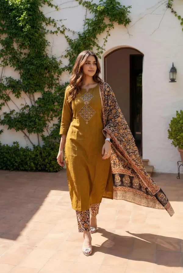 Mustard_Cotton_Premium_Kurta_Pant_Set_With_Dupatta_For_Women