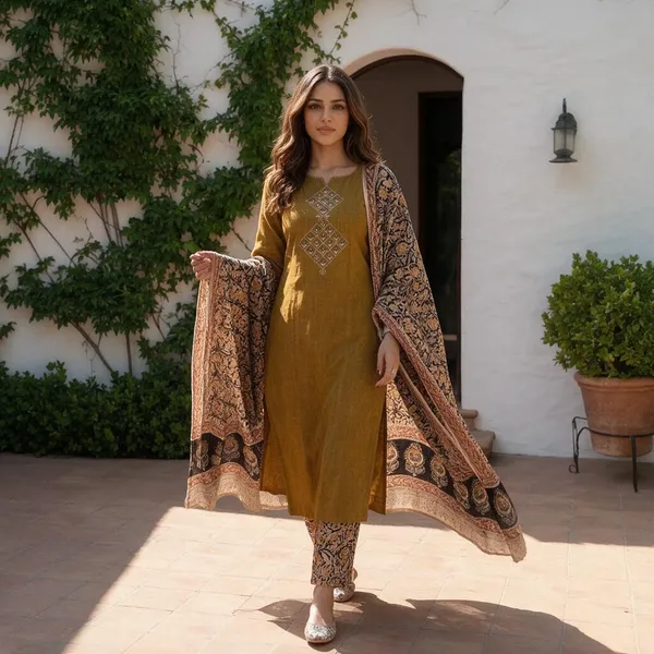 Mustard_Cotton_Premium_Kurta_Pant_Set_With_Dupatta_For_Women