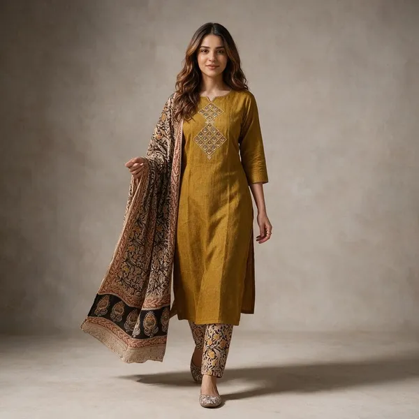Mustard_Cotton_Premium_Kurta_Pant_Set_With_Dupatta_For_Women