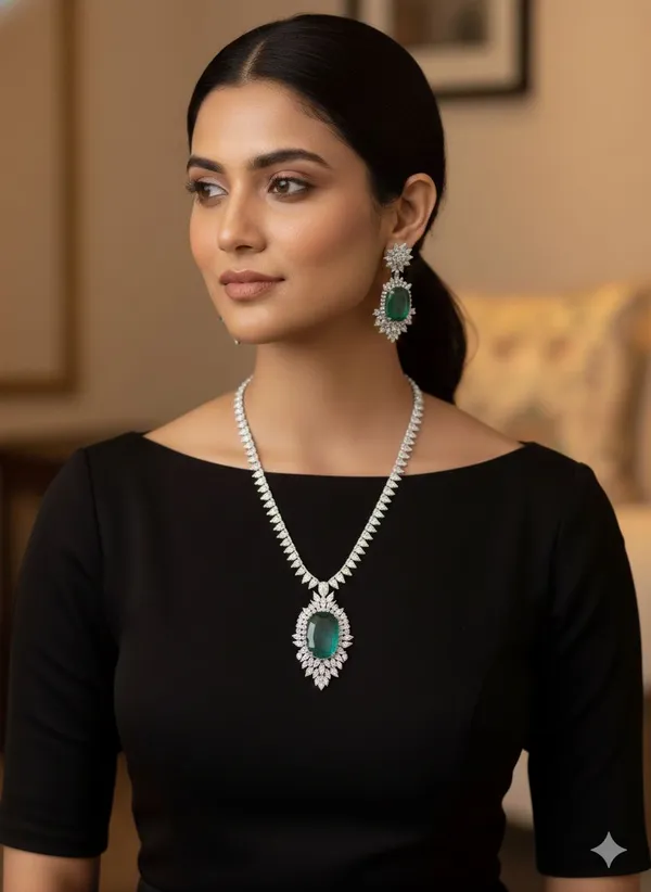 Silver_And_Emerald_Green_Stone_Studded_Necklace_And_Earrings_Set_For_Women