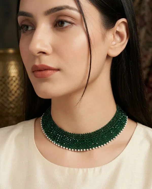 Green_Beaded_Pearl_Trim_Multi-Row_Choker_Necklace_For_Women
