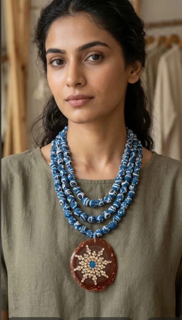 Blue_Fabric_Beaded_Multi_Layer_Pendant_Necklace_For_Women