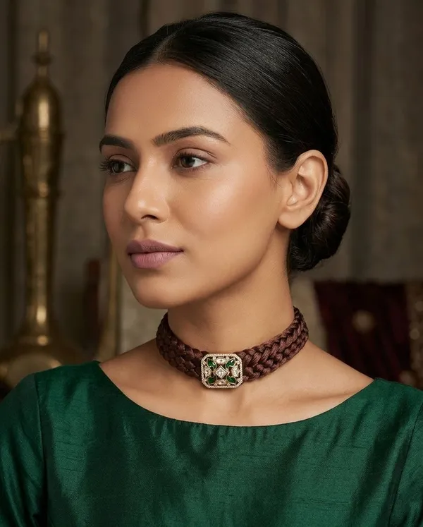 Maroon_Fabric_Braided_Kundan_Emerald_Stone_Choker_Necklace_For_Women