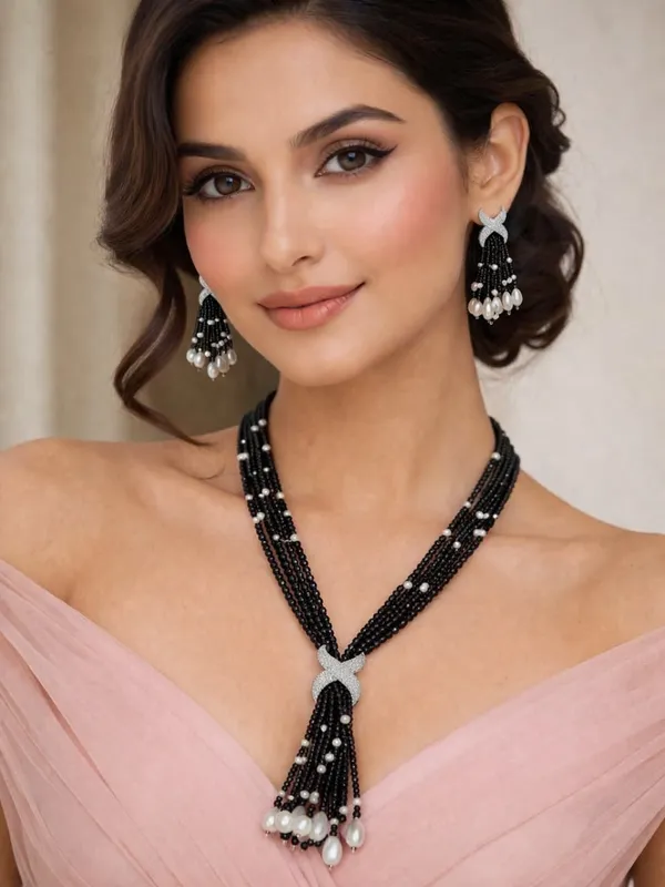 Black_Beaded_Pearl_Multi_Layer_Necklace_And_Earrings_Set_For_Women