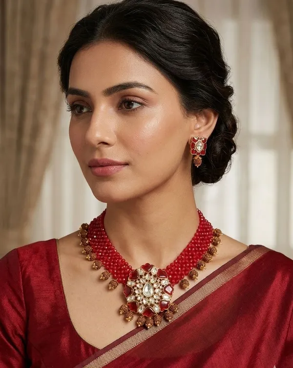 Red_Beaded_Kundan_Floral_Choker_Necklace_And_Earrings_Set_For_Women