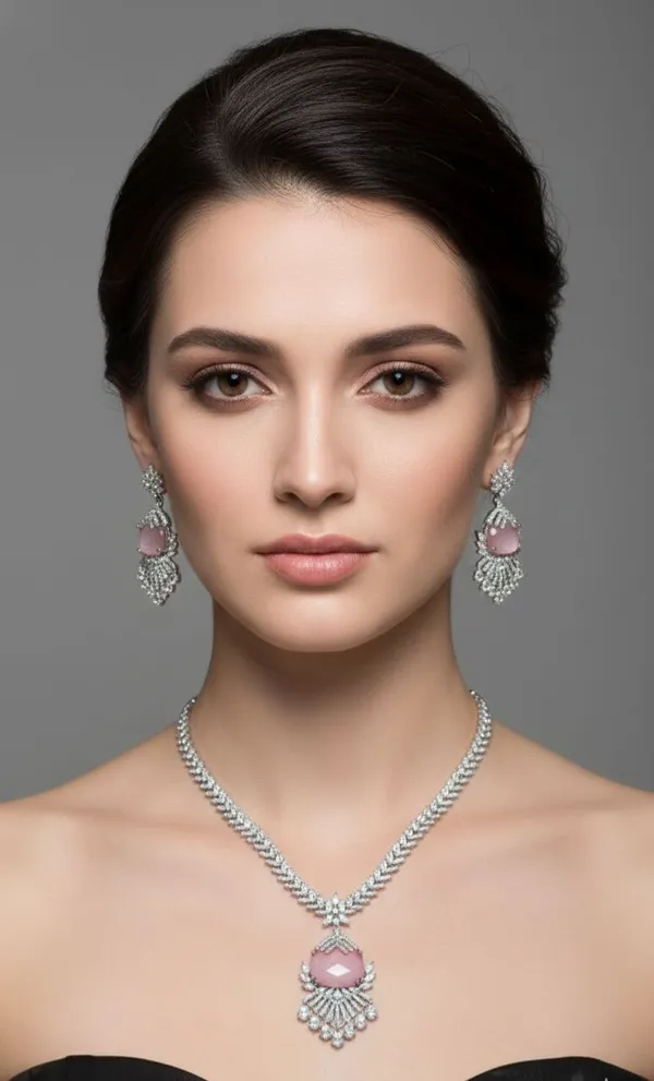 Silver_And_Pink_Stone_Studded_Necklace_And_Earrings_Set_For_Women