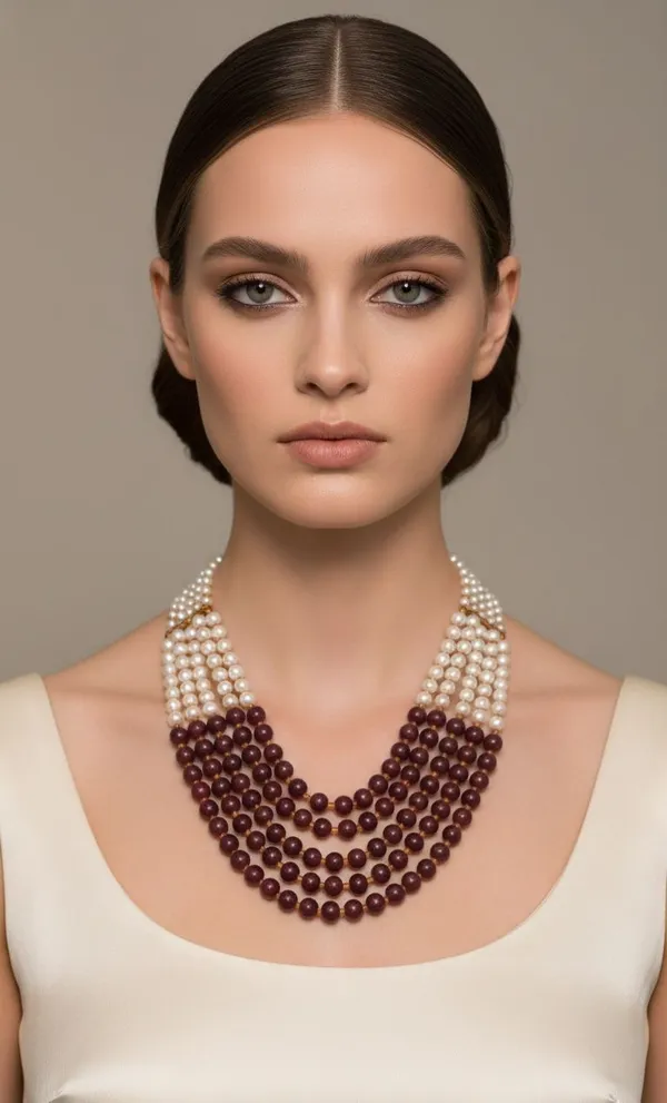 White_And_Maroon_Pearl_Beaded_Multi_Layer_Statement_Necklace_For_Women