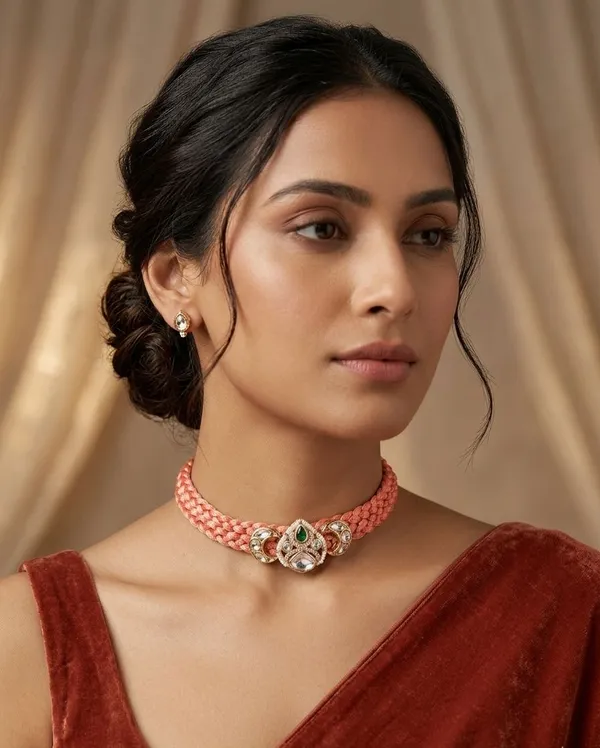 Peach_Beaded_Kundan_Choker_Necklace_Set_For_Women