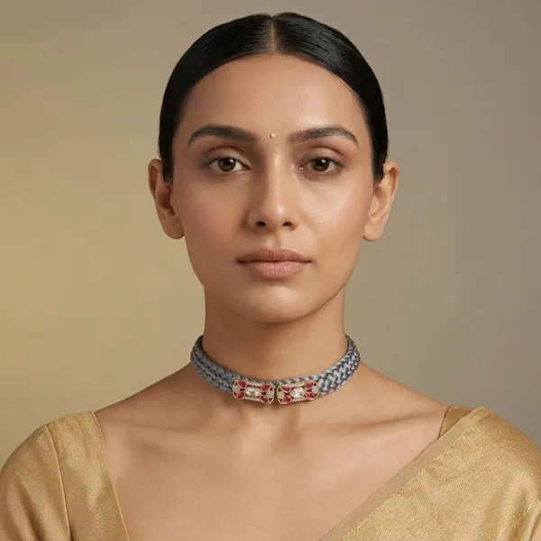 Grey_Fabric_Kundan_Polki_Ruby_Stone_Choker_Necklace_For_Women