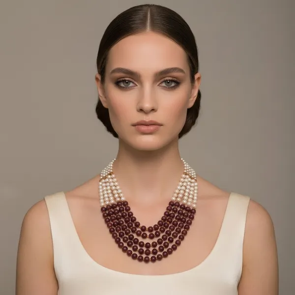 White_And_Maroon_Pearl_Beaded_Multi_Layer_Statement_Necklace_For_Women