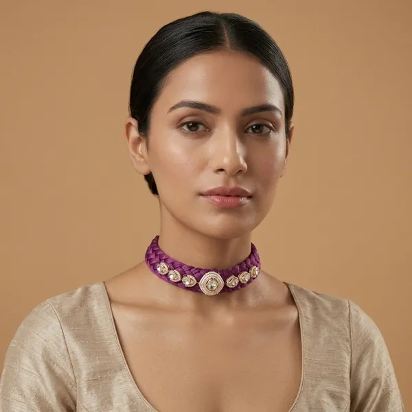 Purple_Fabric_Braided_Kundan_Stone_Choker_Necklace_For_Women