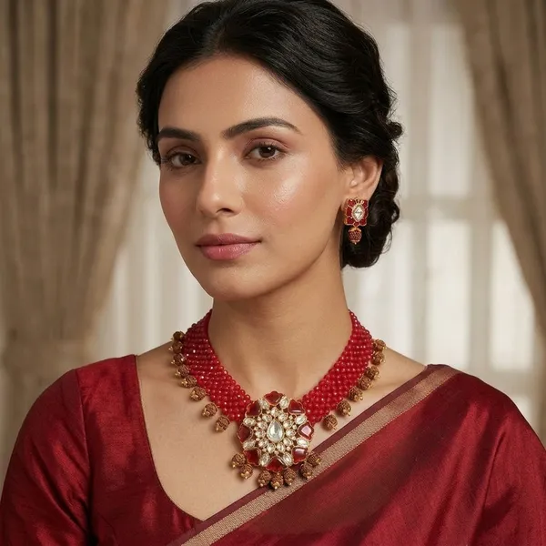 Red_Beaded_Kundan_Floral_Choker_Necklace_And_Earrings_Set_For_Women