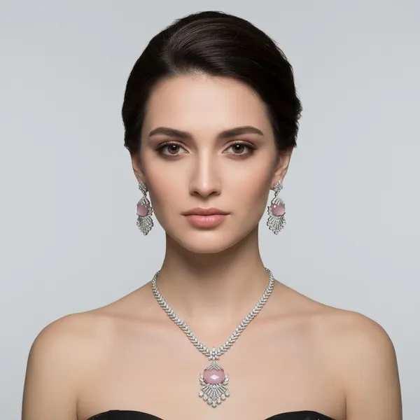 Silver_And_Pink_Stone_Studded_Necklace_And_Earrings_Set_For_Women