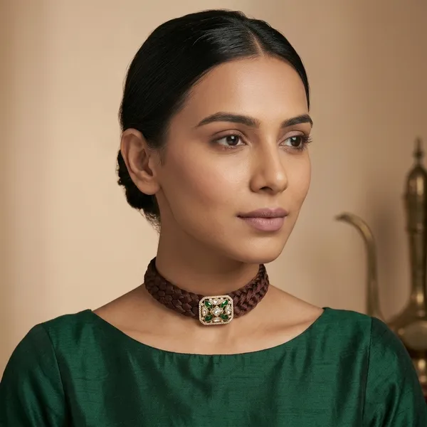 Maroon_Fabric_Braided_Kundan_Emerald_Stone_Choker_Necklace_For_Women