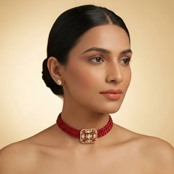 Maroon_And_Gold_Beaded_Kundan_Floral_Choker_Necklace_For_Women