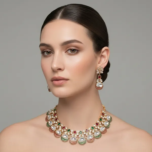 Gold_Kundan_Meenakari_Floral_Necklace_And_Earrings_Set_For_Women