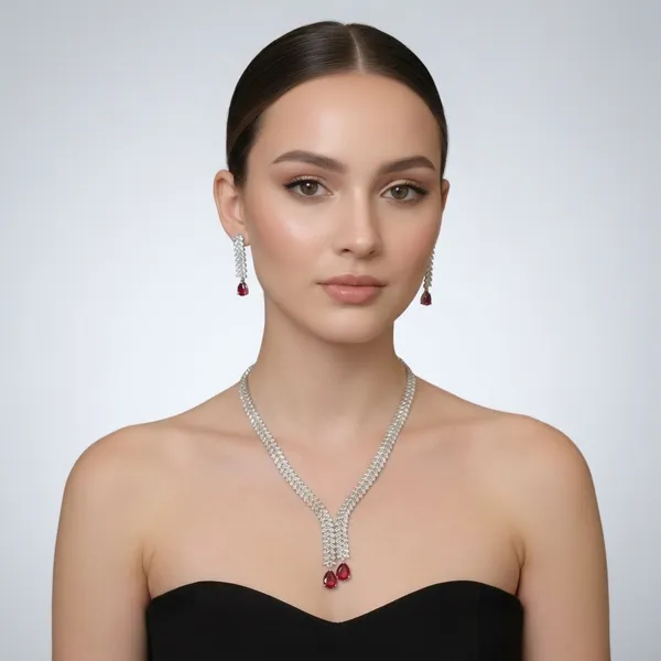Silver_And_Ruby_Red_Stone_Cascading_Necklace_And_Earrings_Set_For_Women