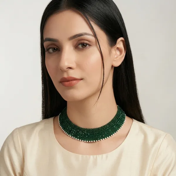 Green_Beaded_Pearl_Trim_Multi-Row_Choker_Necklace_For_Women
