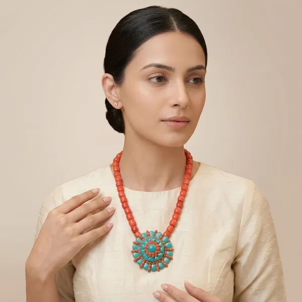Coral_And_Turquoise_Beaded_Floral_Pendant_Necklace_For_Women