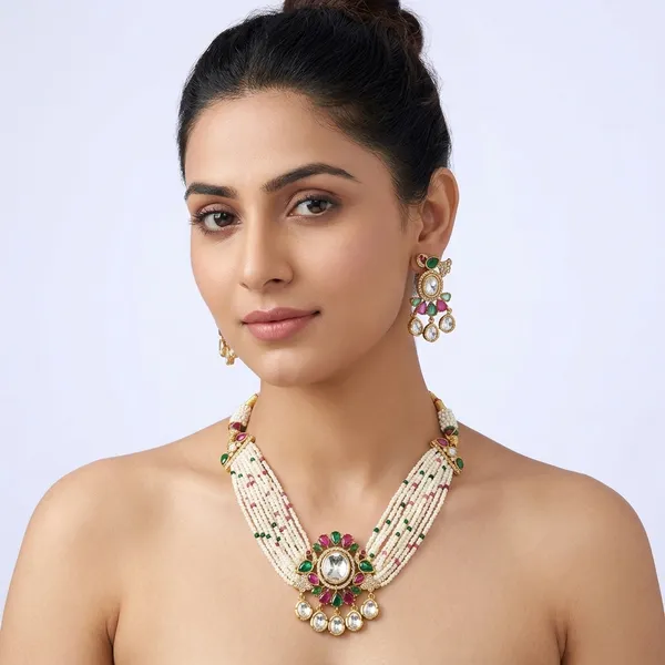 Gold_And_White_Kundan_Pearl_Beaded_Necklace_Set_For_Women