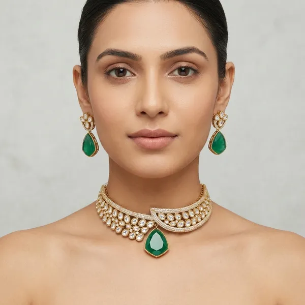Gold_And_Green_Kundan_Stone_Choker_Necklace_Set_For_Women