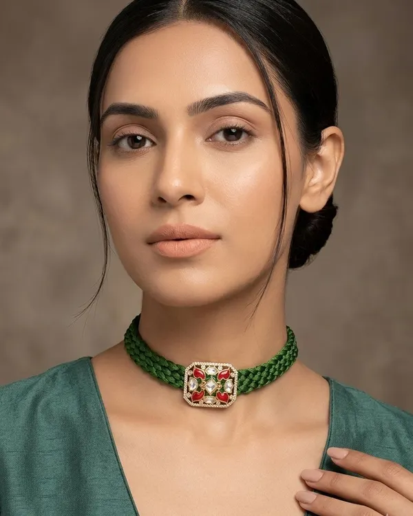 Green_Fabric_Braided_Kundan_Meenakari_Choker_Necklace_For_Women