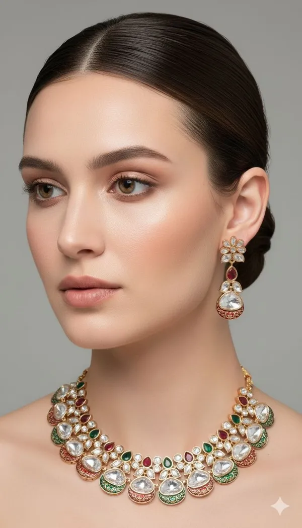 Gold_Kundan_Meenakari_Floral_Necklace_And_Earrings_Set_For_Women