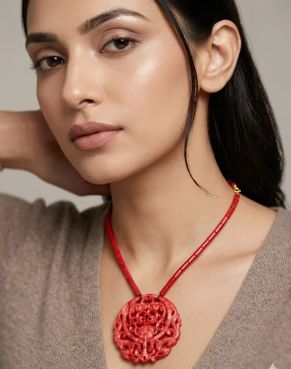 Red_Stone_Carved_Medallion_Beaded_Pendant_Necklace_For_Women
